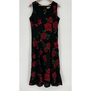 Vintage 90s Premier Black Red Rose Floral Maxi Dress Whimsygoth Grunge Goth LG